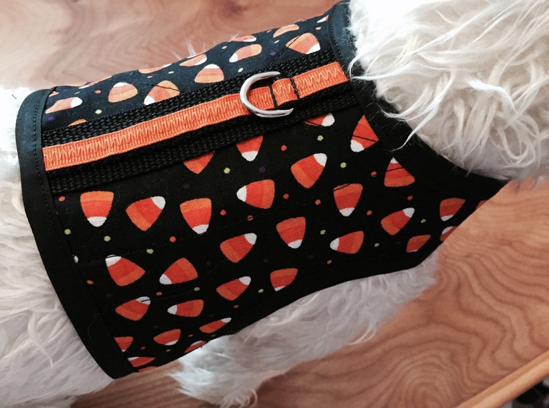 May include: Black dog harness with an orange and white candy corn pattern. The harness has a black strap and an orange strap with a silver D-ring.