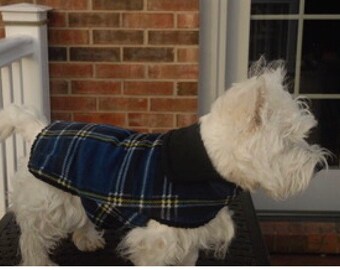 Navy Tartan Plaid Sherpa Lined Dog Jacket, Dog Coat, Dog Jackets, pet clothing, made in USA