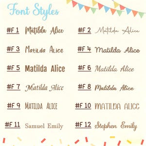 May include: A chart titled Font Styles displaying twelve numbered options for text. Each entry shows the names Matilda Alice, Samuel Emily, or Stephen Emily in distinct brown typography. Colorful triangular bunting decorates the top border.