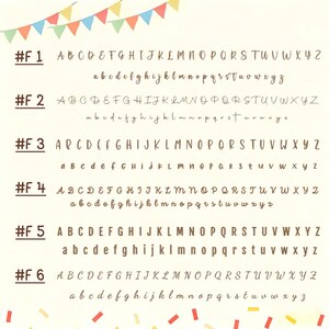 May include: A font selection chart displaying six distinct alphabet styles labeled #F 1 through #F 6, each featuring uppercase and lowercase letters in brown ink on a cream background, decorated with colorful triangular bunting at the top and bottom.