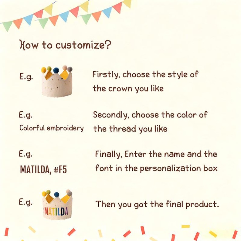 Może przedstawiać: Grafika instruktażowa zatytułowana How to customize? z kolorowymi chorągiewkami na g&oacute;rze i na dole. Przedstawia kroki personalizacji korony, pokazując przykłady korony z pomponami, kolorowym haftem oraz imieniem MATILDA, #F5.