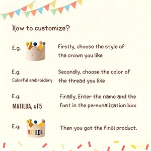 May include: An instructional graphic titled How to customize? featuring colorful bunting at the top and bottom. It displays steps to personalize a crown, showing examples of a crown with pom-poms, colorful embroidery, and the name MATILDA, #F5.