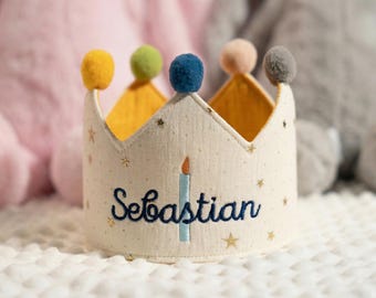 Gepersonaliseerde naam kroon 1e verjaardag, aangepaste kindernaam verjaardag kroon, verjaardags- en feesthoed, peuter katoenen stof kroon, gepersonaliseerd cadeau