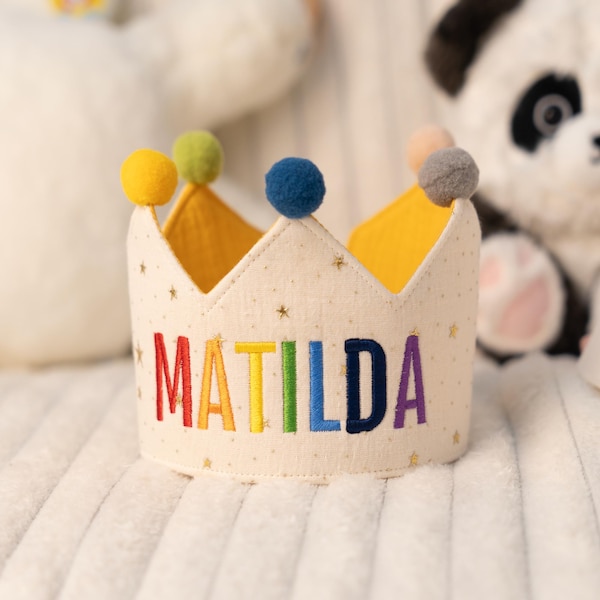 Bunt gestickte Name Baby-Geburtstags-Krone, Kinder-Geburtstags-Hut, Stoff-Krone, personalisierter Party-Hut, 1