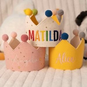 Corona di compleanno per bambini con nome ricamato colorato, cappello di compleanno per bambini, corona in tessuto di cotone, cappello da festa personalizzato, accessorio per torta Smash, vestito di compleanno