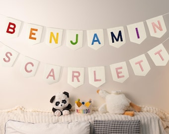 Kolorowa, haftowana girlanda z imieniem na urodziny dziecka, spersonalizowana girlanda z muślinu bawełnianego, dekoracja na baby shower, dekoracja pokoju dziecięcego dla dziewczynki i chłopca, dekoracja na imprezę