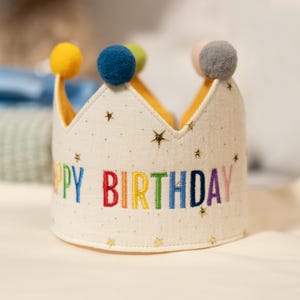 Corona di compleanno per bambini con ricamo arcobaleno, cappellino di compleanno per bambini, corona in tessuto