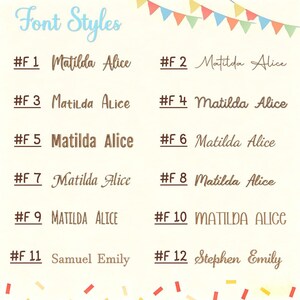 May include: A chart titled Font Styles displaying twelve numbered options for text. Each entry shows the names Matilda Alice, Samuel Emily, or Stephen Emily in distinct brown typography. Colorful triangular bunting decorates the top border.