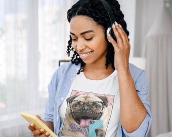 Women's Rhinestone Pug Selfie T-Shirt: Dog Lover Tee