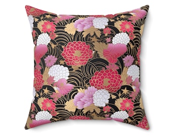 Japanese Chiyogami Golden Flower Faux Suede Square Pillow