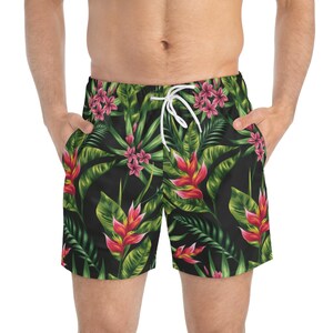 Tropical Forest Swim Trunks, Men&#39;s Beachwear, Palm Tree Shorts, Summer Vacation Boardshorts, Hawaiian Swimwear