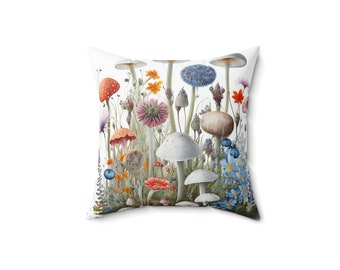 Decorative Pillow Couch Pillow Wild Mushrooms Colorful Mushrooms on White background  Faux Suede Square Pillow