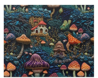 Puzzle, Embroidery Look Mushroom Homes Puzzle ( 252, 500-Piece)