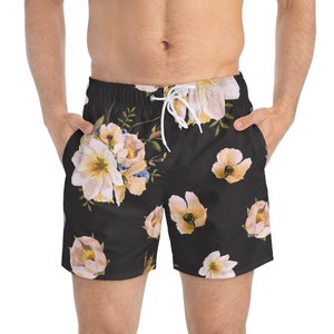 Men&#39;s Black Floral Swim Trunks: Lightweight Beachwear