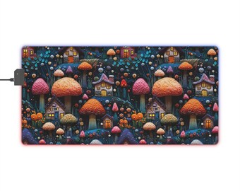 Gamers Pad Embroidery Look Mushroom Houses LED Gaming Mouse Pad