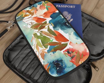 Watercolor Passport Wallet, Travel Document Holder, Floral Passport Cover, Vacation Organizer, Gift for Travelers