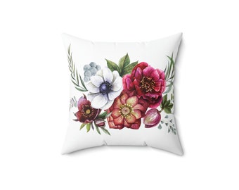 Decorative Pillow White Pillow Dahlia Flowers Faux Suede Square Pillow