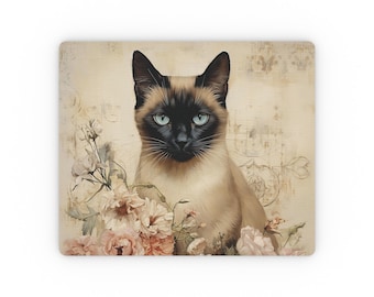 Elegante alfombrilla de ratón con diseño floral de gato siamés, accesorio de escritorio elegante para amantes de los gatos
