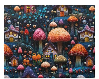 Puzzle Embroidery Look Mushroom Houses 252, and 500 Piece Puzzle