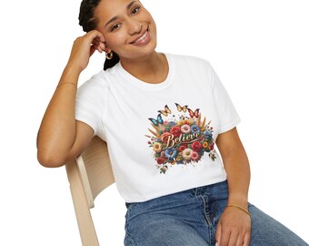 Glauben Sie Blumen-T-Shirt, Glaube-T, Blumenstrauß-T-Shirt | Schmetterlinge, Vintage Schrift, Geschenk Shirt