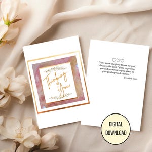 May include: Two white greeting cards with gold accents and floral elements. One card reads "Thinking of You" in gold script. The other card features a Bible verse and the words "DIGITAL DOWNLOAD" in a circle.
