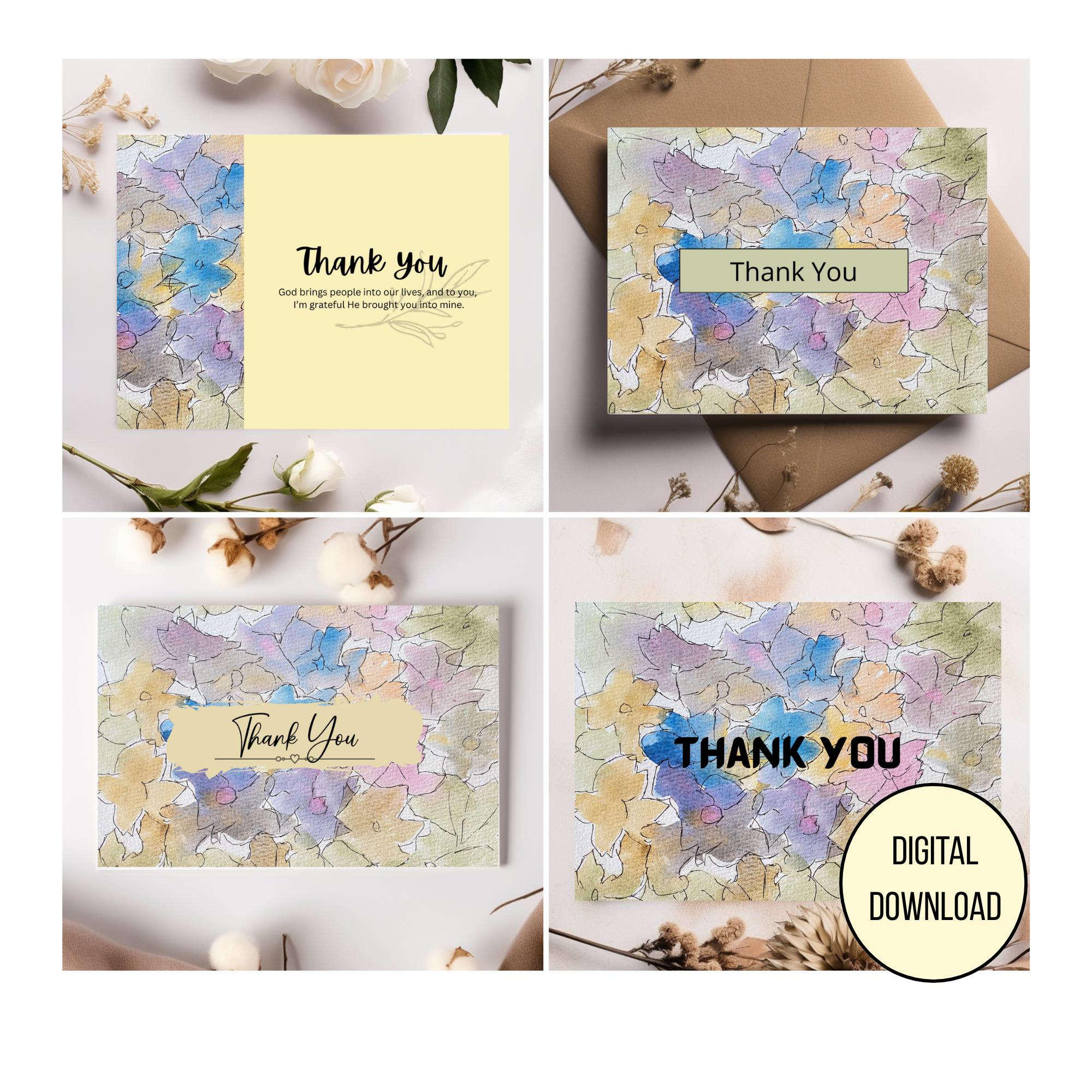 Thank You Floral Handmade Set Watercolor, 4 (4x6) DIGITAL Cards ...