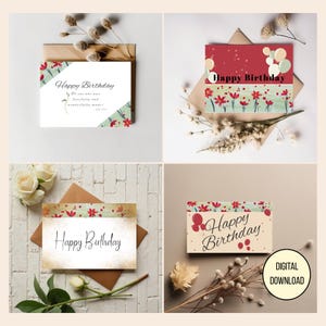 Tarjetas de cumpleaños imprimibles hechas a mano con acuarela, 4 (5x7), digitales, con texto bíblico y mensaje adicional en el interior.