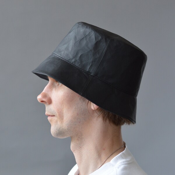 Black Leather Bucket Hat Etsy