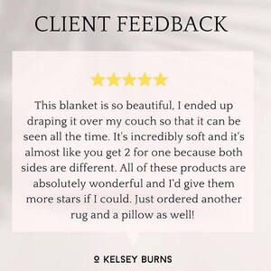 May include: Five-star review for a soft blanket. The reviewer says the blanket is beautiful and soft, and that it looks great draped over their couch. They also mention that the blanket has two different sides, and that they ordered a rug and pillow to match.