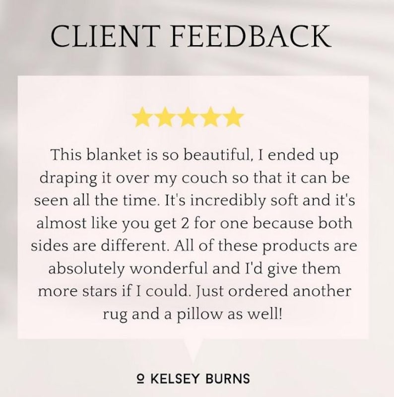 May include: Five-star review for a soft blanket. The reviewer says the blanket is beautiful and soft, and that it looks great draped over their couch. They also mention that the blanket has two different sides, and that they ordered a rug and pillow to match.