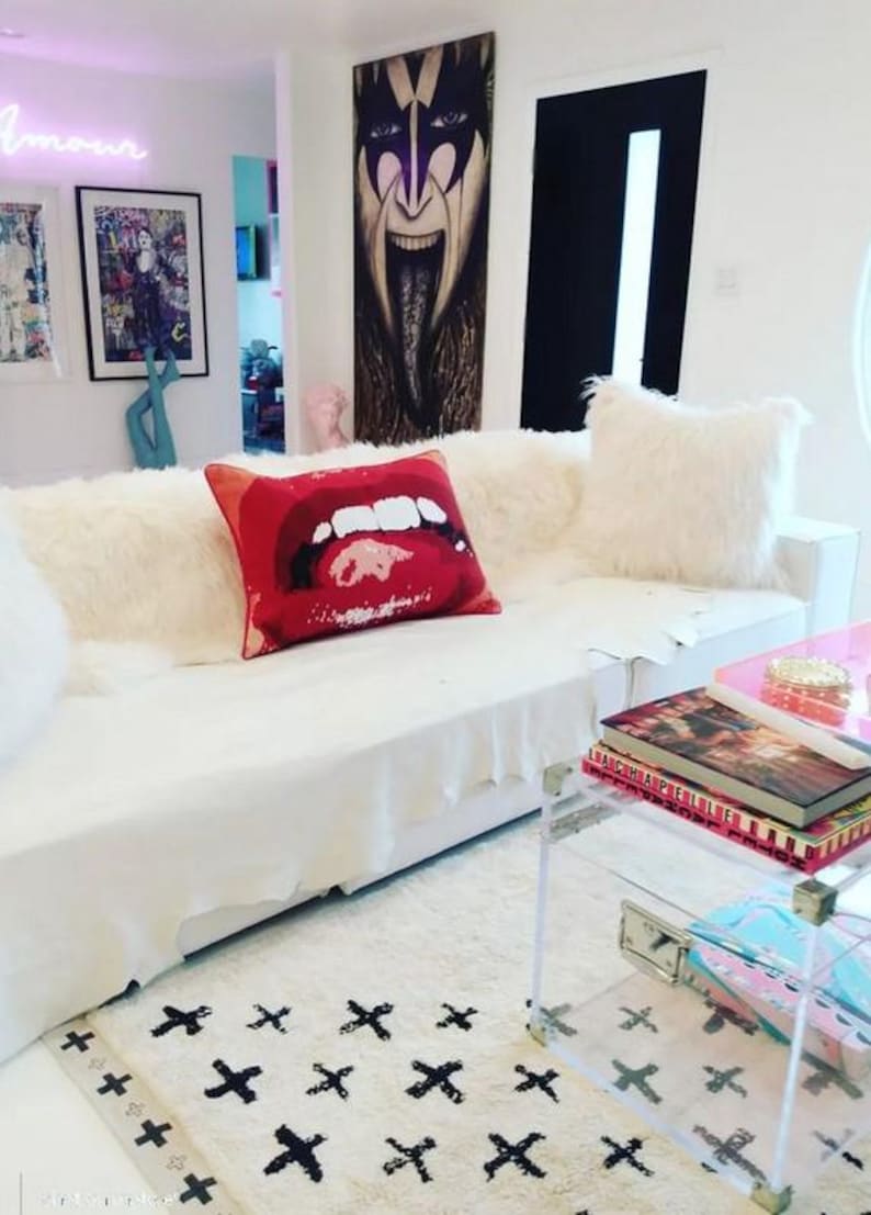 a sofa, in a white living room interior with a ivory and black design unique, hand made cotton area rug, by rich class decor