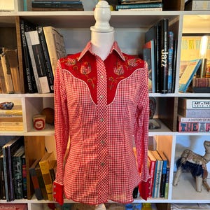 H Bar C 1970&#39;s Red Gingham Cowboy Shirt