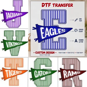 May include: A DTF transfer design featuring a large striped letter E overlaid with a blue pennant displaying the word EAGLES in white. The graphic includes text options to add text, choose color, and change letter for a custom design.