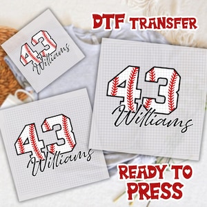 May include: Three baseball-themed DTF transfer designs. Each design features the number 43 in a baseball stitch pattern, with the name "Williams" in a script font. The transfers are ready to press.