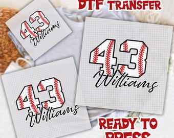 May include: Three baseball-themed DTF transfer designs. Each design features the number 43 in a baseball stitch pattern, with the name "Williams" in a script font. The transfers are ready to press.
