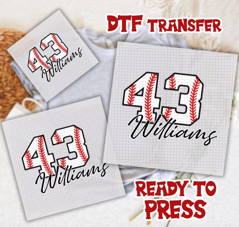 May include: Three baseball-themed DTF transfer designs. Each design features the number 43 in a baseball stitch pattern, with the name "Williams" in a script font. The transfers are ready to press.
