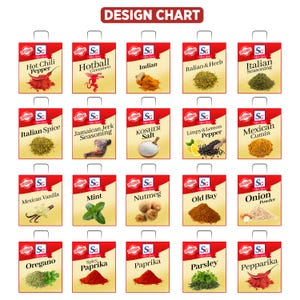 Pode incluir: Um gr&aacute;fico de design com v&aacute;rios pacotes de especiarias. Cada pacote &eacute; vermelho e branco com uma al&ccedil;a, exibindo o nome e a imagem da especiaria. As especiarias incluem pimenta, canela, especiarias indianas, ervas italianas e muito mais. O texto "DESIGN CHART" est&aacute; no topo.