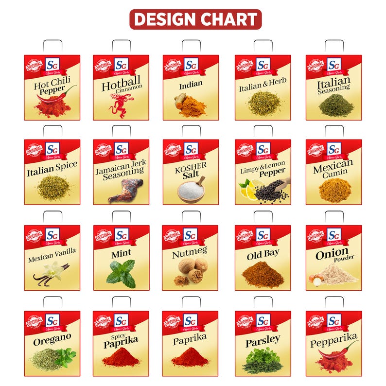 Pode incluir: Um gr&aacute;fico de design com v&aacute;rios pacotes de especiarias. Cada pacote &eacute; vermelho e branco com uma al&ccedil;a, exibindo o nome e a imagem da especiaria. As especiarias incluem pimenta, canela, especiarias indianas, ervas italianas e muito mais. O texto "DESIGN CHART" est&aacute; no topo.