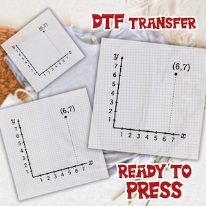 May include: Three graph paper sheets with coordinate planes and the point (6,7) are displayed. The text "DTF TRANSFER" and "READY TO PRESS" are in red, heart-shaped fonts.