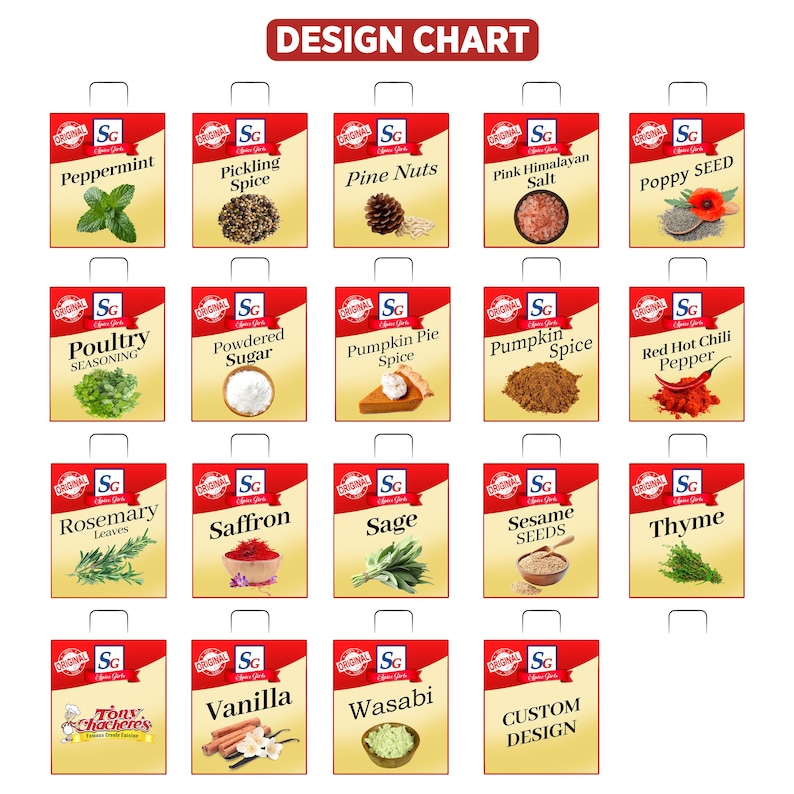 Pode incluir: Um gr&aacute;fico de design com v&aacute;rias especiarias e temperos em embalagens vermelhas e brancas. O gr&aacute;fico inclui hortel&atilde;-pimenta, especiarias para picles, pinh&otilde;es, sal rosa do Himalaia, sementes de papoula, tempero para aves, a&ccedil;&uacute;car de confeiteiro, especiarias para torta de ab&oacute;bora, especiarias de ab&oacute;bora, pimenta vermelha, folhas de alecrim, a&ccedil;afr&atilde;o, s&aacute;lvia, sementes de gergelim, tomilho, Tony Chachere's, baunilha, wasabi e design personalizado.