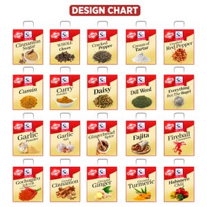 Pode incluir: Um gr&aacute;fico de design com v&aacute;rias especiarias em embalagens vermelhas e brancas. As especiarias incluem a&ccedil;&uacute;car de canela, cravos inteiros, pimenta rachada, creme de t&aacute;rtaro, pimenta vermelha esmagada, cominho, curry em p&oacute; e muito mais. Cada embalagem tem uma al&ccedil;a.