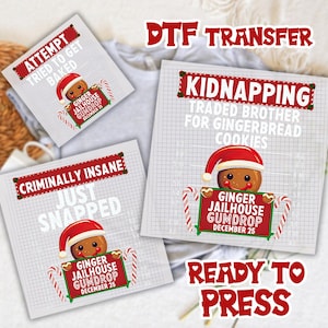 May include: DTF transfer sheets with humorous Christmas-themed designs. One says "Attempt Tried to Get Baked," another "Criminally Insane Just Snapped," and a third "Kidnapping Traded Brother for Gingerbread Cookies." Each features a gingerbread man.