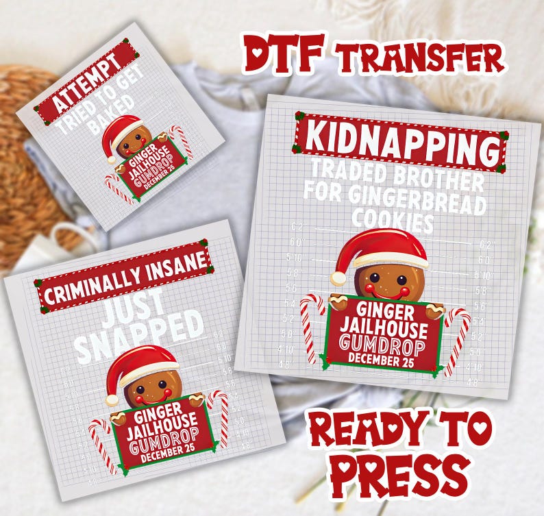 May include: DTF transfer sheets with humorous Christmas-themed designs. One says "Attempt Tried to Get Baked," another "Criminally Insane Just Snapped," and a third "Kidnapping Traded Brother for Gingerbread Cookies." Each features a gingerbread man.