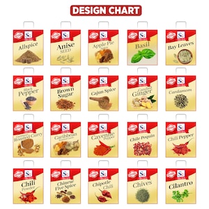 Pode incluir: Um gr&aacute;fico de design com 20 embalagens de especiarias, cada uma rotulada com o nome da especiaria. As especiarias incluem pimenta da Jamaica, sementes de anis, especiaria de torta de ma&ccedil;&atilde;, manjeric&atilde;o, folhas de louro, pimenta preta, a&ccedil;&uacute;car mascavo e muito mais.