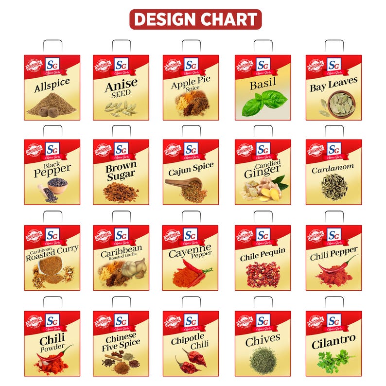 Pode incluir: Um gr&aacute;fico de design com 20 embalagens de especiarias, cada uma rotulada com o nome da especiaria. As especiarias incluem pimenta da Jamaica, sementes de anis, especiaria de torta de ma&ccedil;&atilde;, manjeric&atilde;o, folhas de louro, pimenta preta, a&ccedil;&uacute;car mascavo e muito mais.