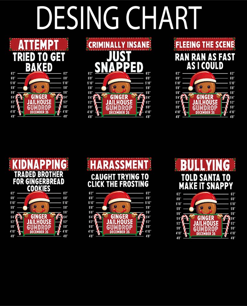 May include: A black graphic design featuring a "Desing Chart" with six humorous mugshot-style images. Each image has a gingerbread man wearing a Santa hat, with text like "Attempt Tried to Get Baked" and "Ginger Jailhouse Gumdrop December 25."