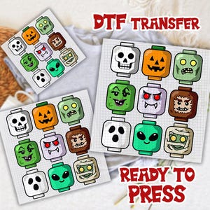 Op de afbeelding: Een DTF-transfervel met een raster van negen cartoon-personagehoofden, waaronder een schedel, pompoen, zombie, heks, vampier, weerwolf, geest, alien en mummie. De tekst DTF TRANSFER en READY TO PRESS staat in het rood op de afbeelding gedrukt.