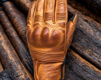 Retro Beige Vintage Leather Motorcycle Gloves: Touchscreen, Armored Knuckle, Classic Waxed