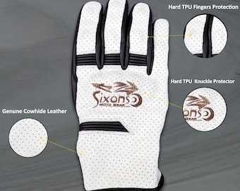 Pode incluir: Luvas de moto de couro branco com detalhes pretos e perfurações. As luvas apresentam um logotipo com o texto "Sixons Moto Gear" e têm proteção de nódulos e dedos de TPU rígido.