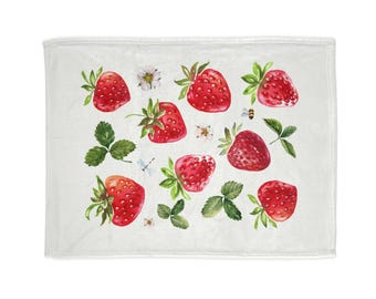 Erdbeer Print Decke, Weicher Plüsch Überwurf, Gemütliches Wohn Dekor, Landhaus Stil, Geschenk für Gartenliebhaber, Sommernächte, Boho Dekor